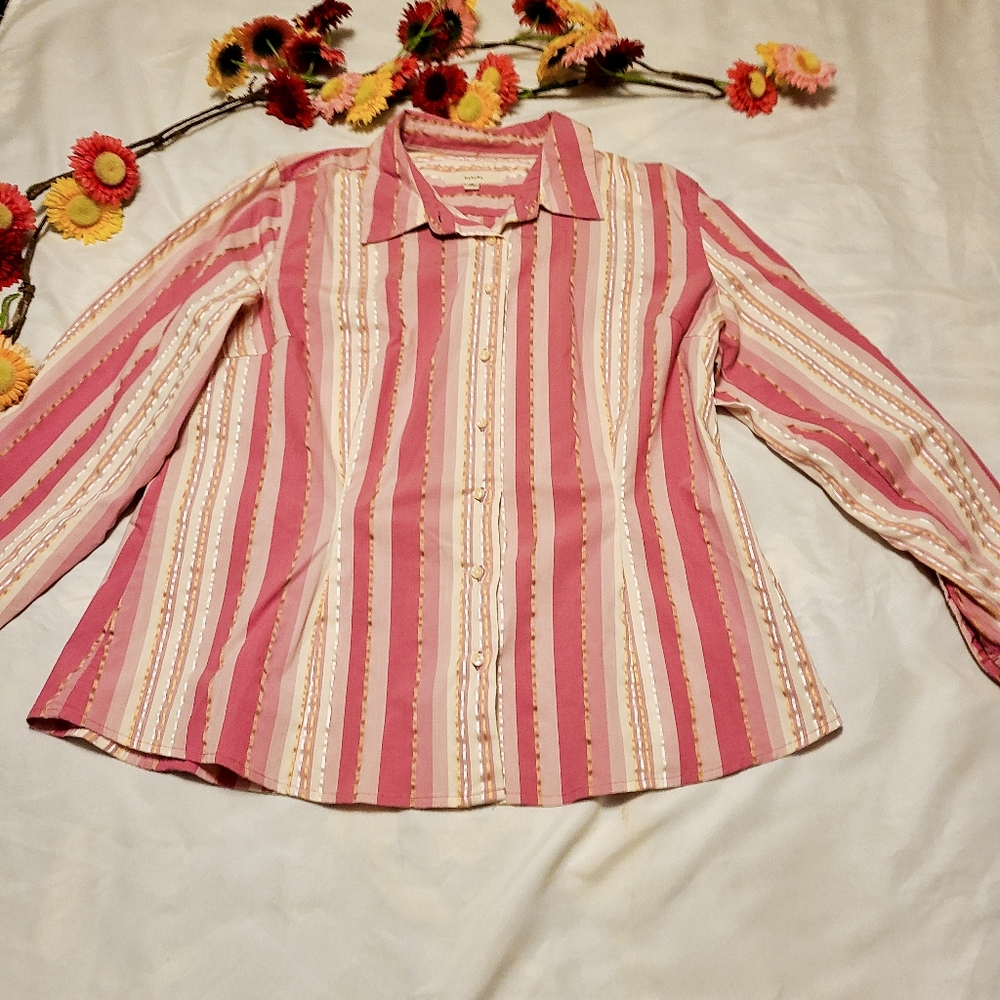Merona Button Down Pink Striped Collared Top Shirt
